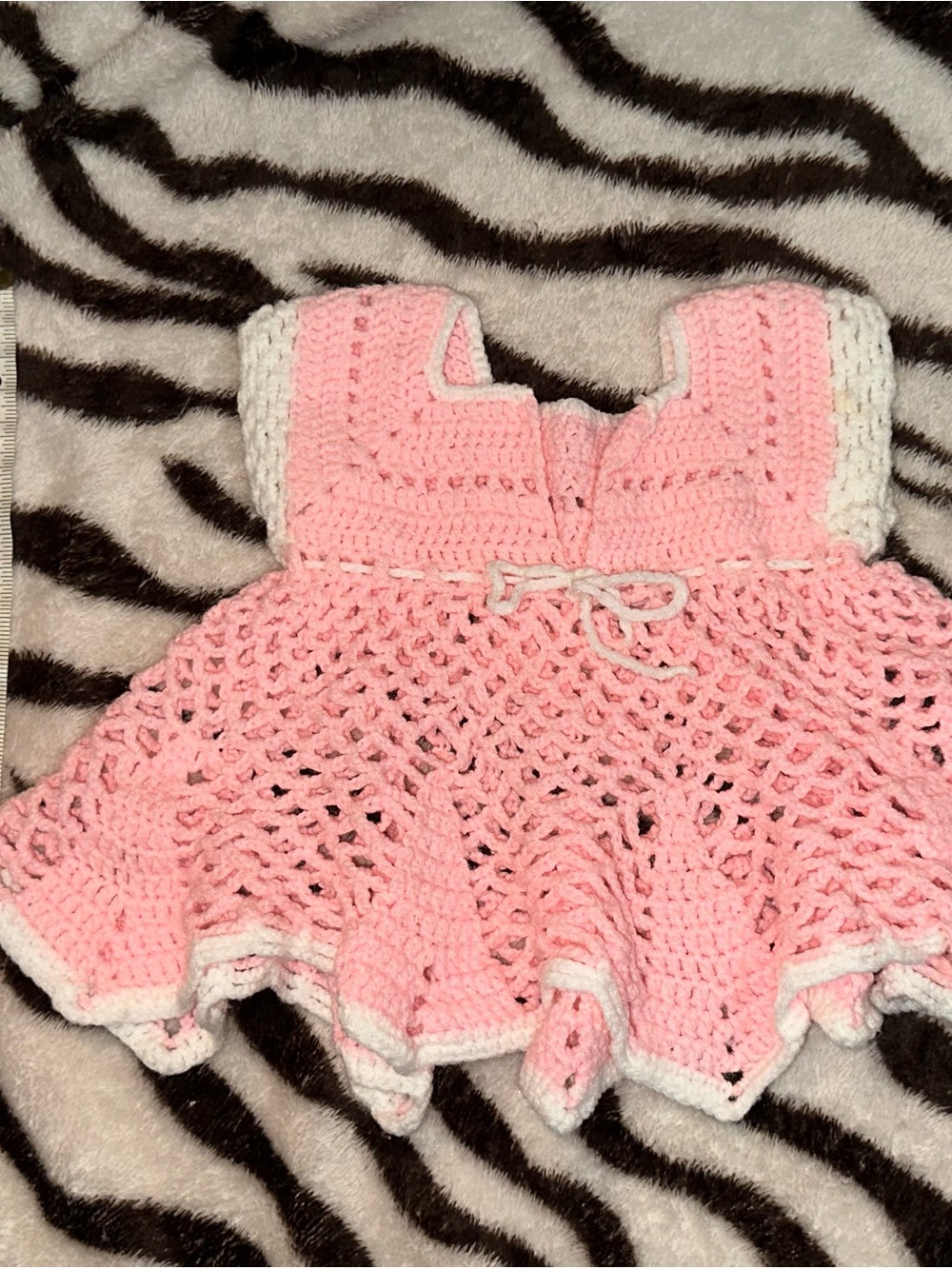 Vintage Handcrafted Pink Crochet Baby Dress with White Trim